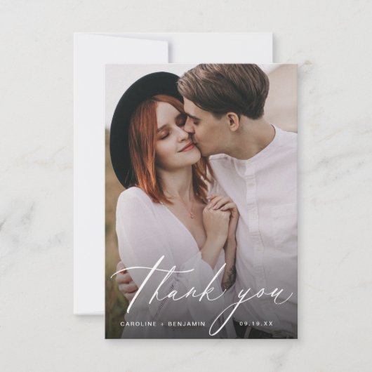 Elegant modern script minimalistische bruiloft dan bedankkaart (Voorkant)