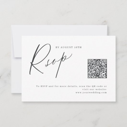Elegant modern script minimalistische bruiloft QR RSVP Kaartje (Voorkant)