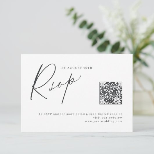 Elegant modern script minimalistische bruiloft QR RSVP Kaartje (Staand voorkant)