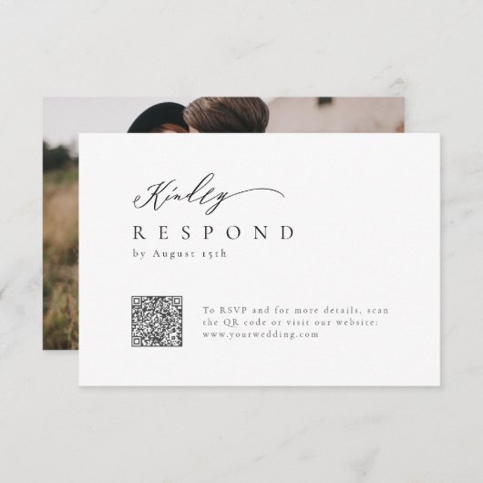Elegant modern script minimalistische bruiloft QR RSVP Kaartje (Voorkant / Achterkant)