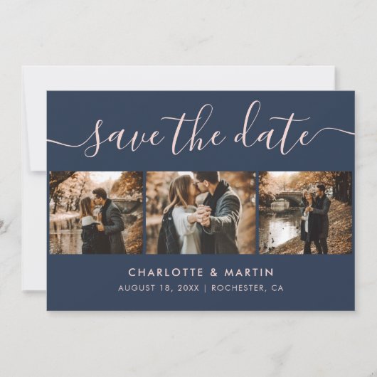 Elegant Modern Script Navy Blue Blush 4 Foto Save The Date (Voorkant)