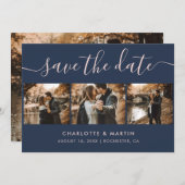 Elegant Modern Script Navy Blue Blush 4 Foto Save The Date (Voorkant / Achterkant)