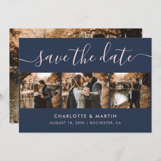 Elegant Modern Script Navy Blue Blush 4 Foto Save The Date (Voorkant / Achterkant)