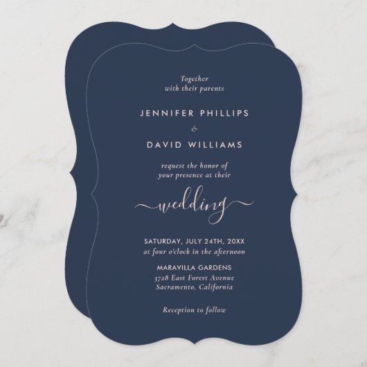 Elegant modern Script Navy Blue en Blush Wedding Kaart (Voorkant / Achterkant)