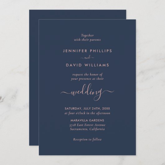 Elegant modern Script Navy Blue en Blush Wedding Kaart (Voorkant / Achterkant)