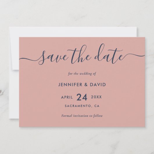 Elegant modern Script Navy Blue en Blush Wedding Save The Date (Voorkant)
