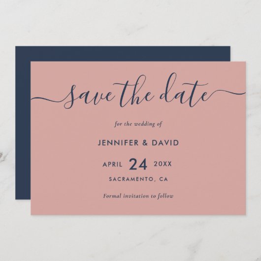 Elegant modern Script Navy Blue en Blush Wedding Save The Date (Voorkant / Achterkant)