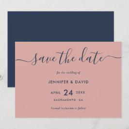Elegant modern Script Navy Blue en Blush Wedding Save The Date