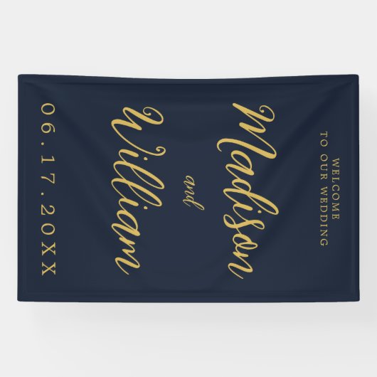 Elegant modern Script Navy Gold Welkome bruiloft Spandoek (Horizontaal)