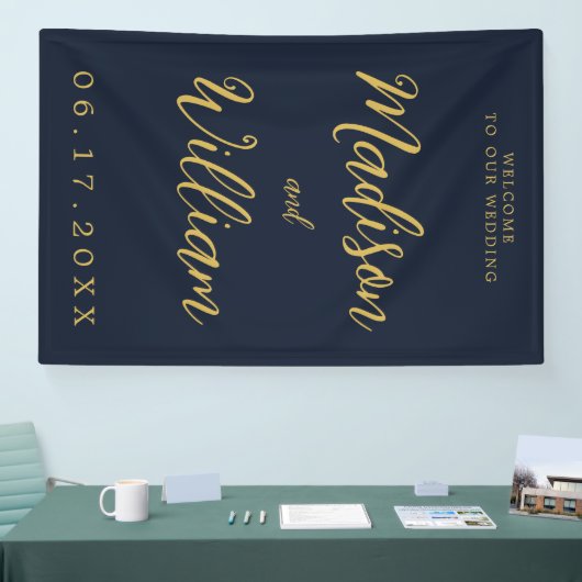Elegant modern Script Navy Gold Welkome bruiloft Spandoek (Beurs)