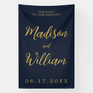 Elegant modern Script Navy Gold Welkome bruiloft Spandoek