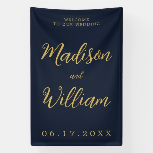 Elegant modern Script Navy Gold Welkome bruiloft Spandoek (Verticaal)