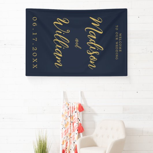 Elegant modern Script Navy Gold Welkome bruiloft Spandoek (Insitu)
