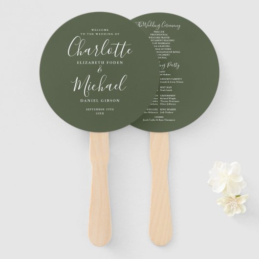 Elegant Modern Script Olijfgroen Huwelijksprogramm Handwaaier (Voorkant en achterkant)