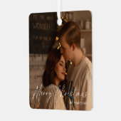 Elegant Modern Script Paar Foto Vrolijk Kerstfeest Metalen Ornament (Voorkant links)