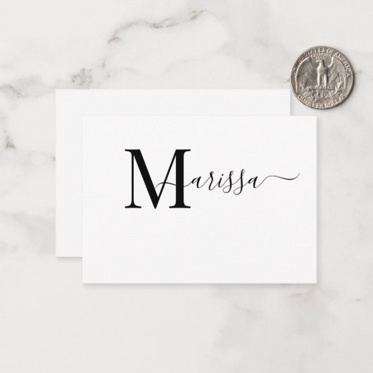 Elegant Modern Script Paars Monogram Naam Notitiekaartje (Voorkant / Achterkant in situ)