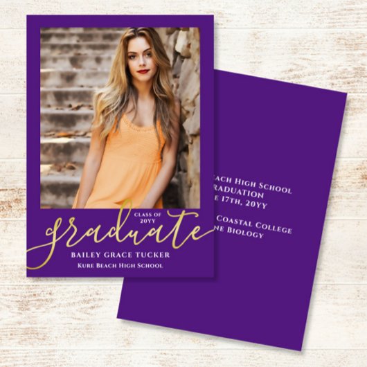 Elegant modern Script Paars Photo Afstuderen Aankondiging