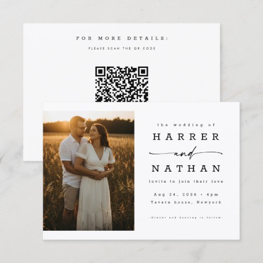 Elegant Modern Script Photo QR Code Wedding Kaart (Voorkant / Achterkant)