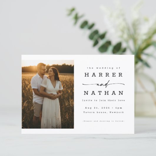 Elegant Modern Script Photo QR Code Wedding Kaart (Staand voorkant)