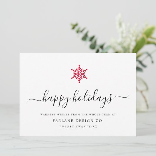 Elegant modern Script Red Folie Snowflake Corporat Feestdagenkaart (Staand voorkant)