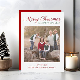 Elegant modern script, rode kerstfoto feestdagenkaart