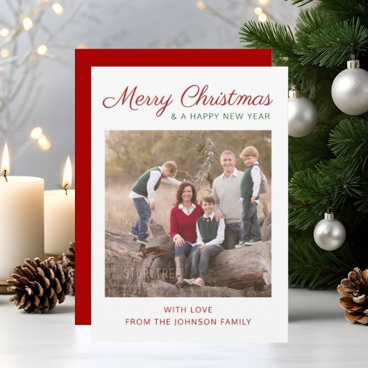 Elegant modern script, rode kerstfoto feestdagenkaart