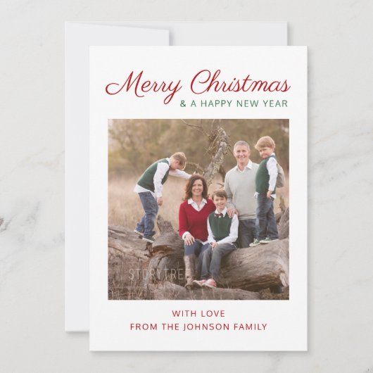 Elegant modern script rode strepes kerstfoto feestdagenkaart (Voorkant)