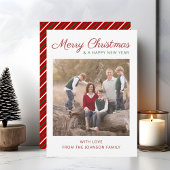 Elegant modern script rode strepes kerstfoto feestdagenkaart