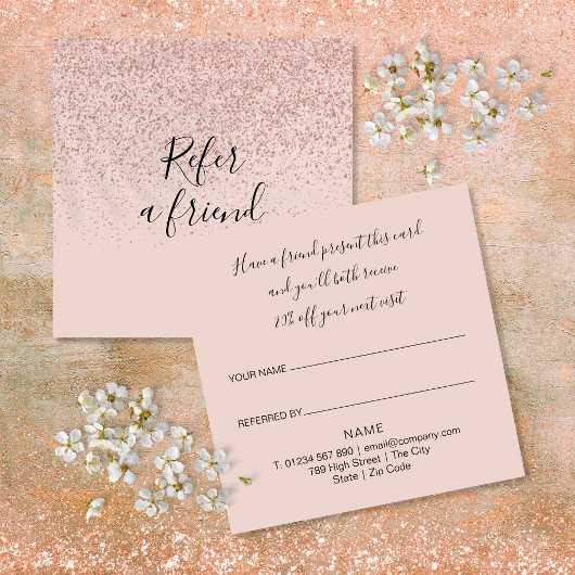 Elegant Modern Script Roos Gold Glitter Klant Aanbevelingskaartje
