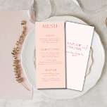 Elegant modern Script Roze Blush bruiloft Menu<br><div class="desc">Vier uw speciale dag met een vleugje elegantie en een vleugje romance met behulp van onze Pink Blush Wedding Flat Menu. Ontworpen met nauwgezette aandacht voor detail, dit menu voegt een pop van verfijning toe aan uw huwelijksreceptie. De zachte, blush roze tint creëer is een charmante en intieme ambiance, die...</div>
