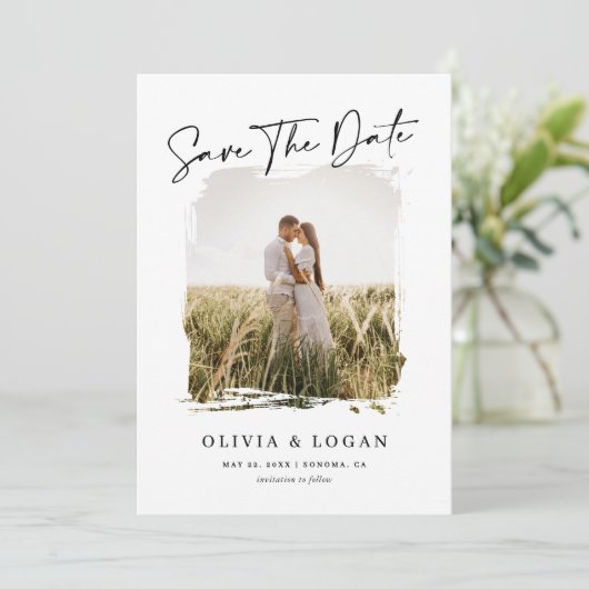 Elegant Modern Script Rustic Photo Frame Wedding Save The Date (Staand voorkant)