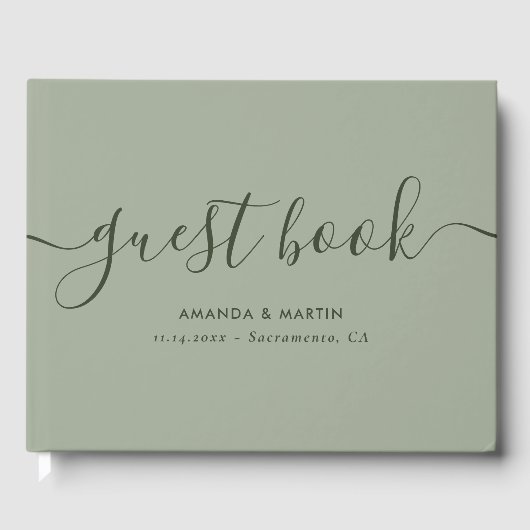 Elegant modern Script Sage Green Wedding Gastenboek (Voorkant)