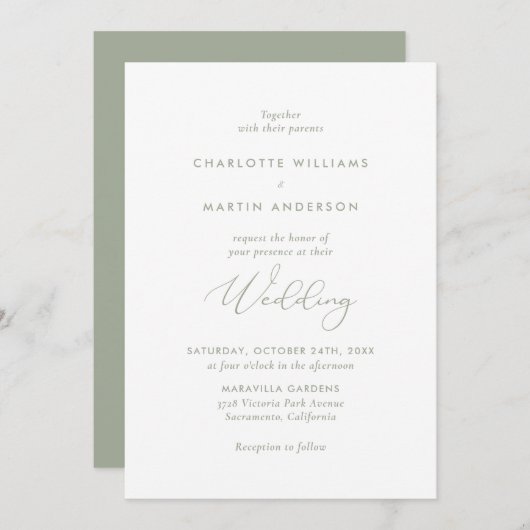 Elegant modern Script Sage Green Wedding Kaart (Voorkant / Achterkant)