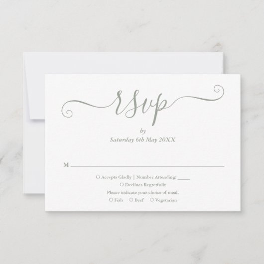 Elegant modern Script Sage Green Wedding RSVP Kaartje (Voorkant)