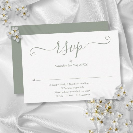 Elegant modern Script Sage Green Wedding RSVP Kaartje