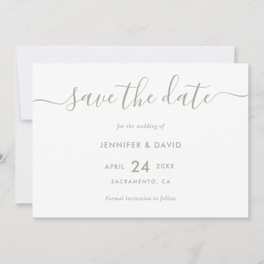 Elegant modern Script Sage Green Wedding Save The Date (Voorkant)