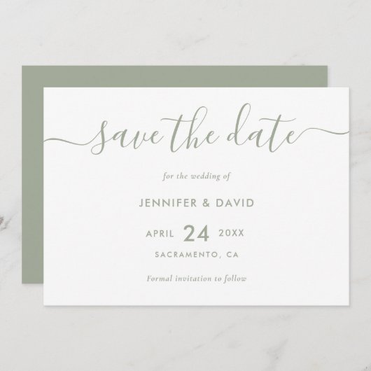 Elegant modern Script Sage Green Wedding Save The Date (Voorkant / Achterkant)