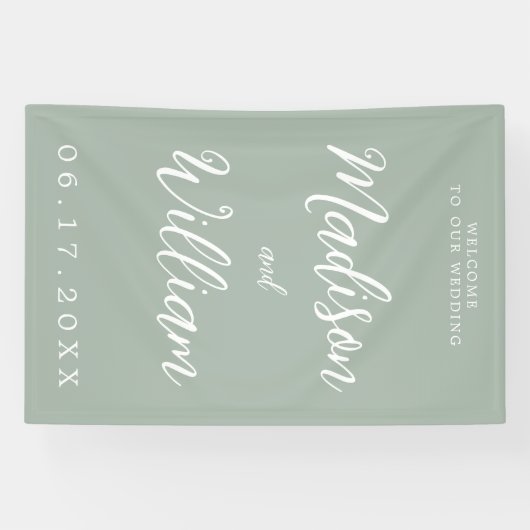 Elegant modern Script Sage Green Welcome Wedding Spandoek (Horizontaal)