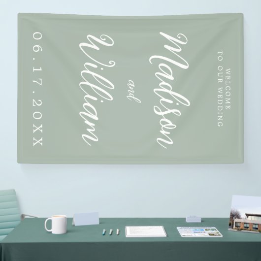 Elegant modern Script Sage Green Welcome Wedding Spandoek (Beurs)