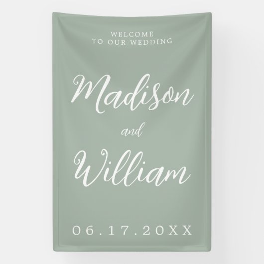 Elegant modern Script Sage Green Welcome Wedding Spandoek (Verticaal)