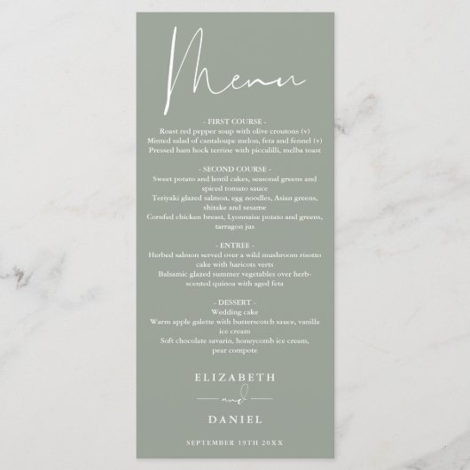 Elegant Modern Script Salie Groene Trouw Dinner Menu (Voorkant)