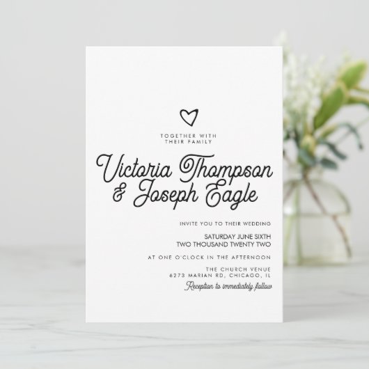 Elegant modern Script Swirly Black White Wedding Kaart (Staand voorkant)