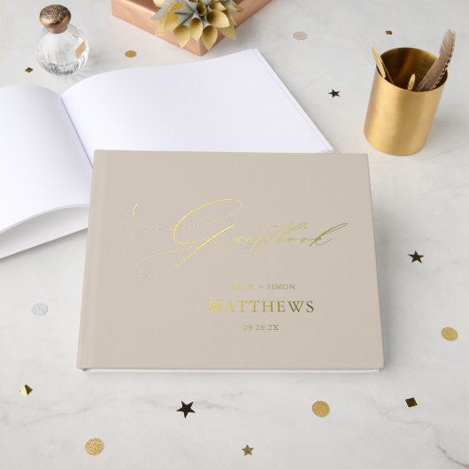 Elegant modern script Taupe Gold Gastenboek (Voorkant open)