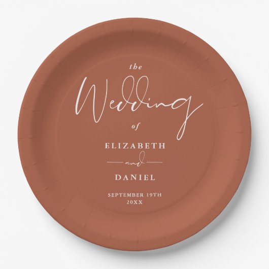 Elegant Modern Script Terracotta Bruiloft Papieren Bordje (Voorkant)