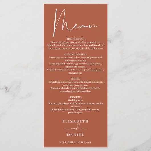 Elegant Modern Script Terracotta Trouwdiner Menu (Voorkant)