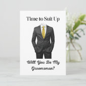 Elegant modern script Tuxedo Groomsman voorstel Kaart (Staand voorkant)