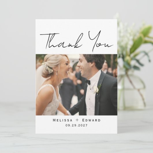 Elegant Modern Script Wedding Photo Bedankkaart (Staand voorkant)