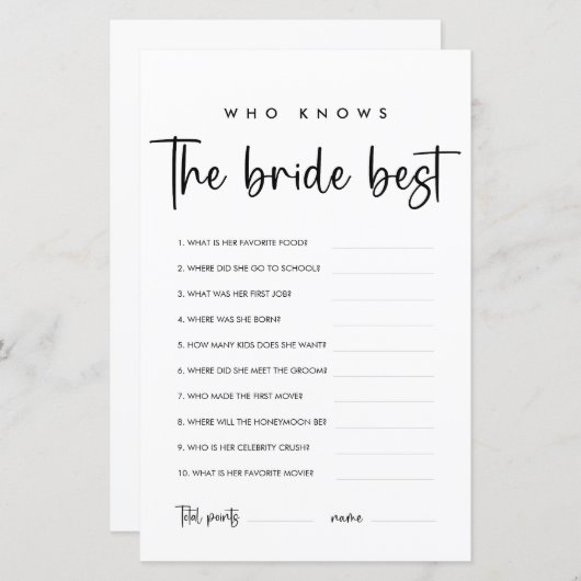 Elegant modern script | Wie kent de beste bride (Voorkant / Achterkant)