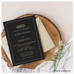 Elegant Modern Script Zwart Islamitisch Moslim Bru Kaart<br><div class="desc">Elegante moderne Nikah islamitische bruiloft. Dit is een eenvoudige zwarte uitnodigingskaart met gouden script lettertypen goudy roman en goudy bold op de voorkant van de kaart. Er is een delicaat lijst voor de grens. U kunt deze kaart aanpassen door de achtergrondkleur, het lettertype, de stijl en de grootte van de...</div>