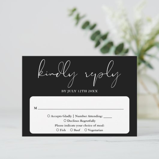 Elegant modern script zwart-wit bruiloft RSVP kaartje (Staand voorkant)